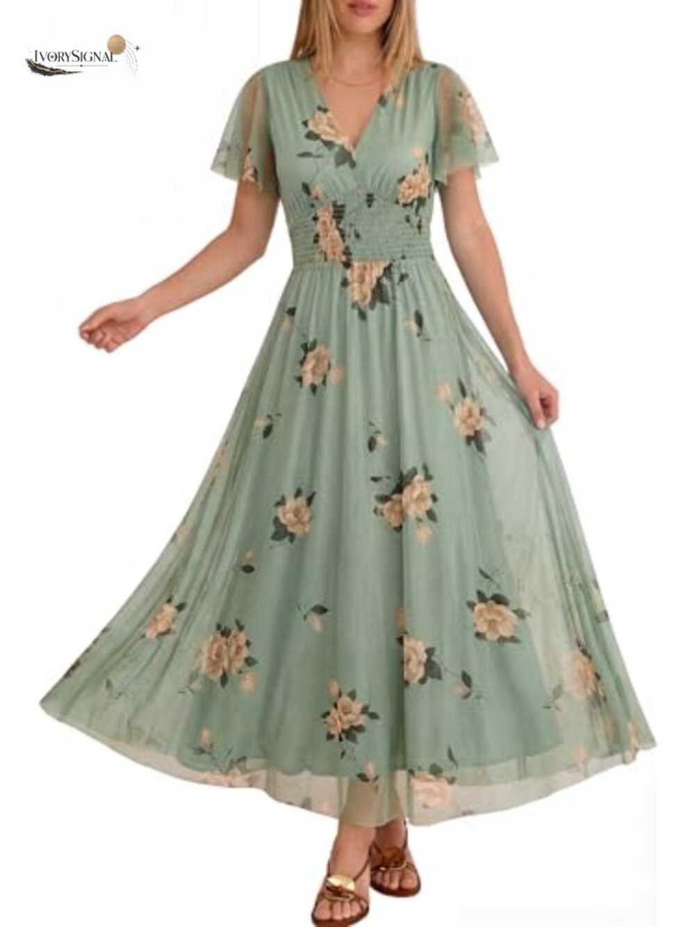 Womens Floral Tulle Maxi Dress Short Sleeve V-Neck Wedding Guest